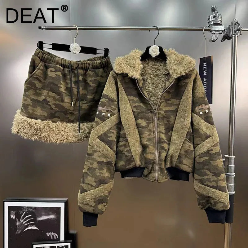 Winter Fashion Camouflage Patchwork Rivet Design Thickened Lamb Wool Coat Skirt Two-pieces Set For Women 11A07538