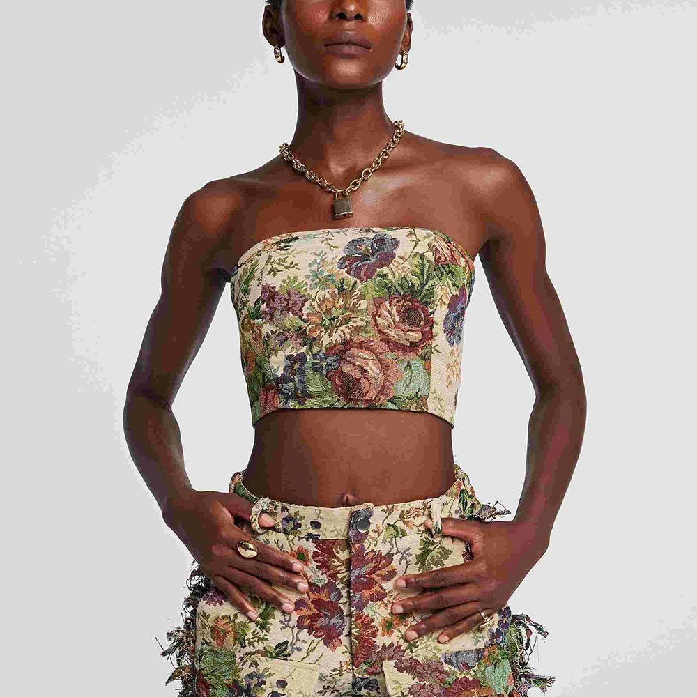 Hit Color Two Piece Set For Women Strapless Sleeveless Top High Waist Patchwork Tassel Pant Streetwear Sets Female