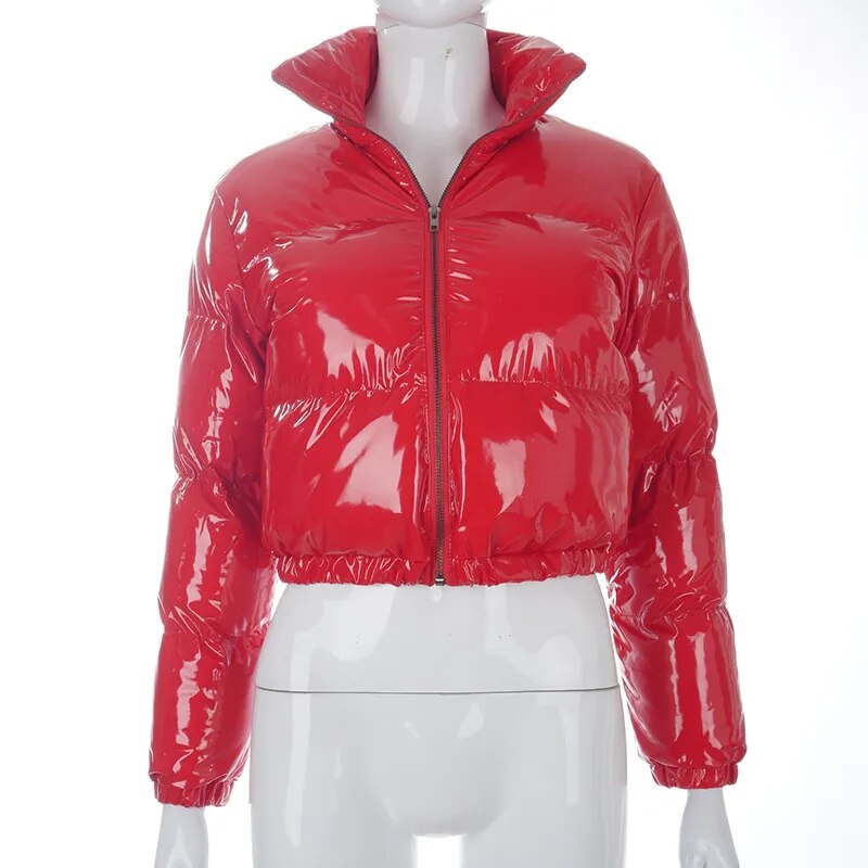 Winter New Women's Fashion Solid Color Zipper Bright Surface Warm Cotton-padded Jacket Top Red