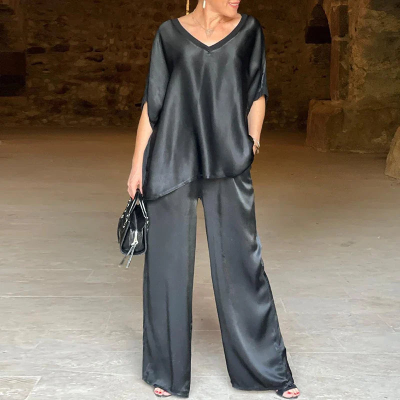 Plain V Neck Top Pullover and Wide-leg Pants Outfit Sets for Women Spring Loose Satin Suit Summer Short Sleeve T-shirt Two Piece