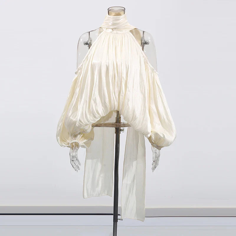 Solid Loose Spliced Folds Mini Blouse for Women Round Neck Long Sleeves Patchwork Hollow Out Elegant Top Female New