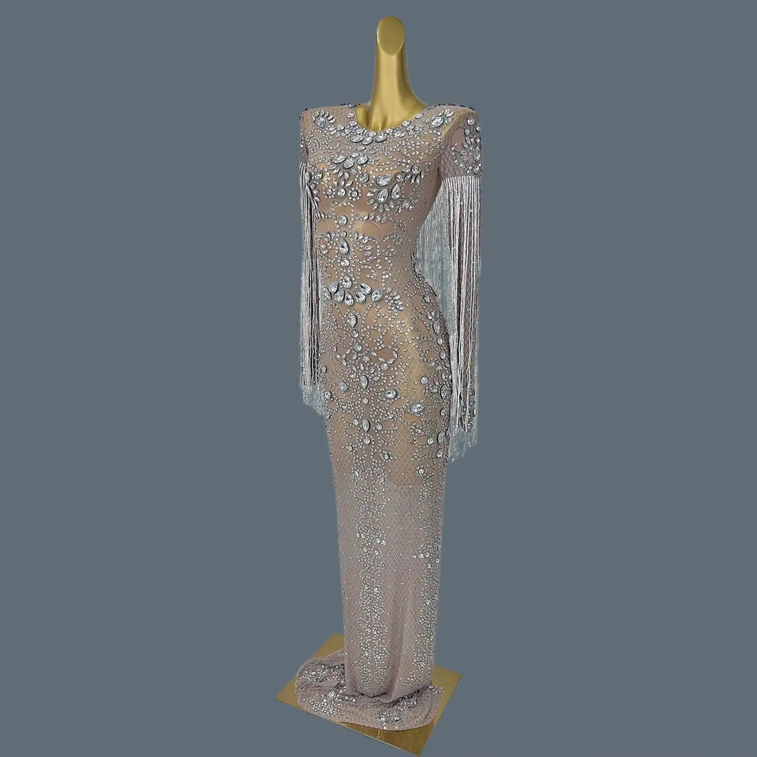 Women's Sparkly Crystals Tassel Ball Dress Sexy See Through Mesh Luxury Evening Gown Birthday Prom Queen Chic Maxi Dress Hualan