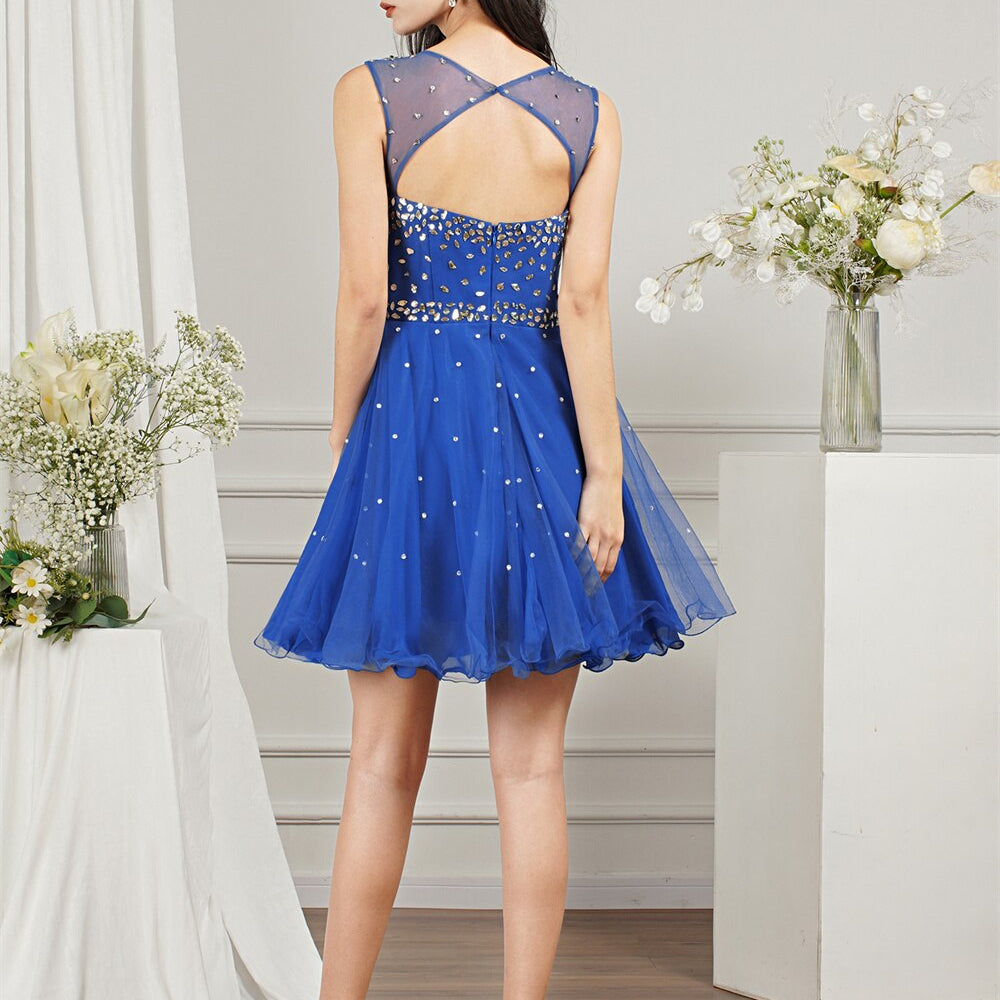 Royal Blue Short Homecoming Dress For Juniors Cocktail Party Beading Tulle O Neck Backless A Line Mini Prom Dresses Women