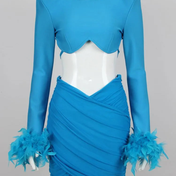 Summer Women'S Sky Blue White Sexy Two-Piece Skirt Feather Pleated Top Pencil Skirt Celebrity Party Bandage Set