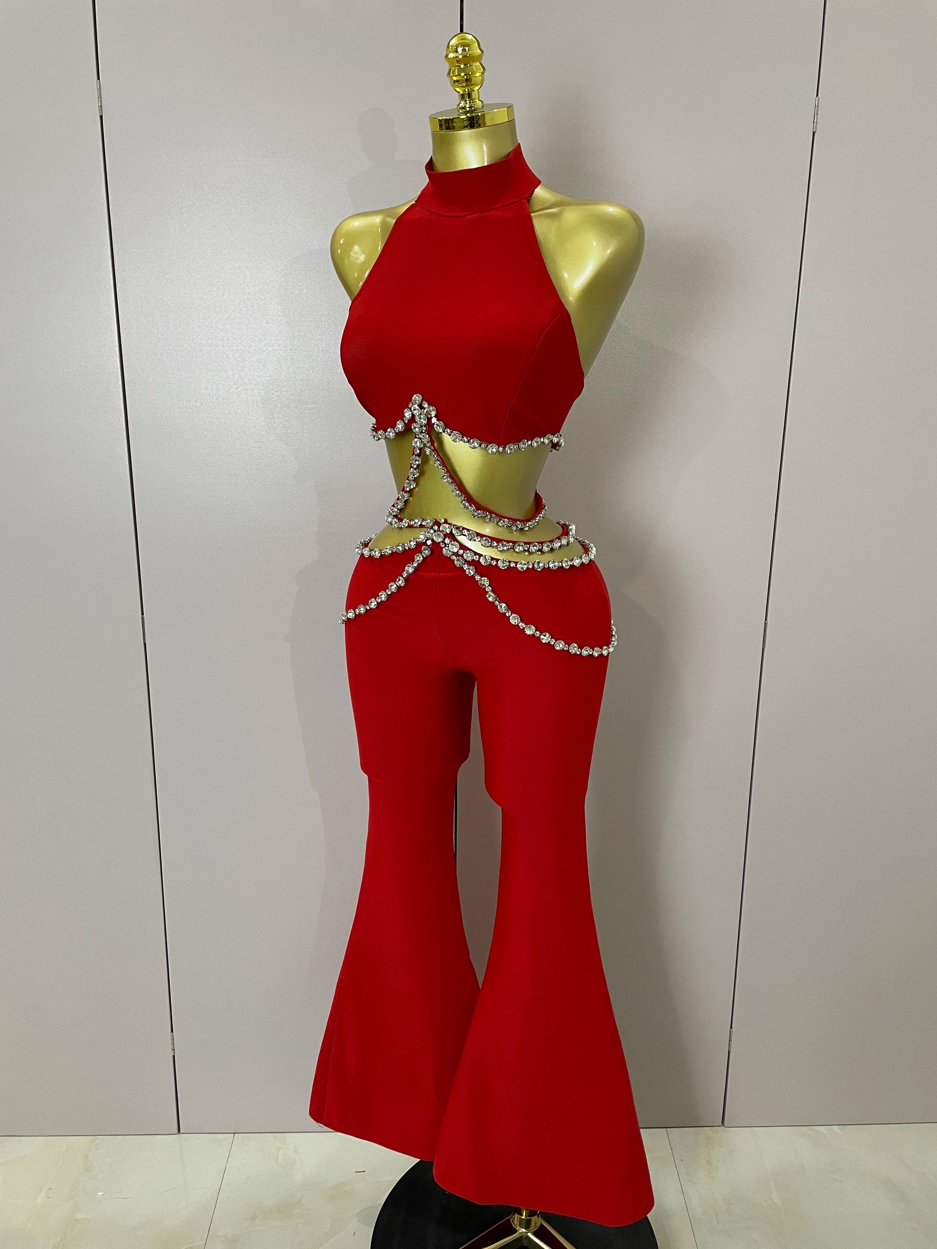 Luxury Rhinestone Red Sexy Cut Out Two Piece Pants Bandage Set 2025 Women Celebrity Designer Fashion Women's Set Stage Outfit