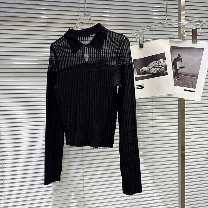 Winter New Fashion Lapel Slightly Transparent Patchwork Design Knitted Tops For Women Slim Fit Shirts Female 11A07661