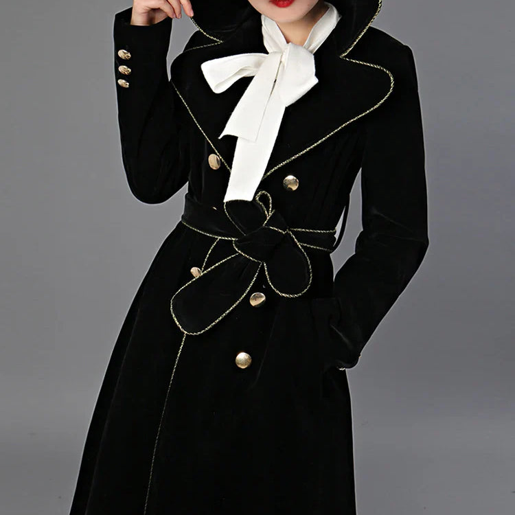 Spring Autumn Long Black Velvet Trench Coat for Women with Gold Trim Sashes Double Breasted Luxury Designer Fashion 2022