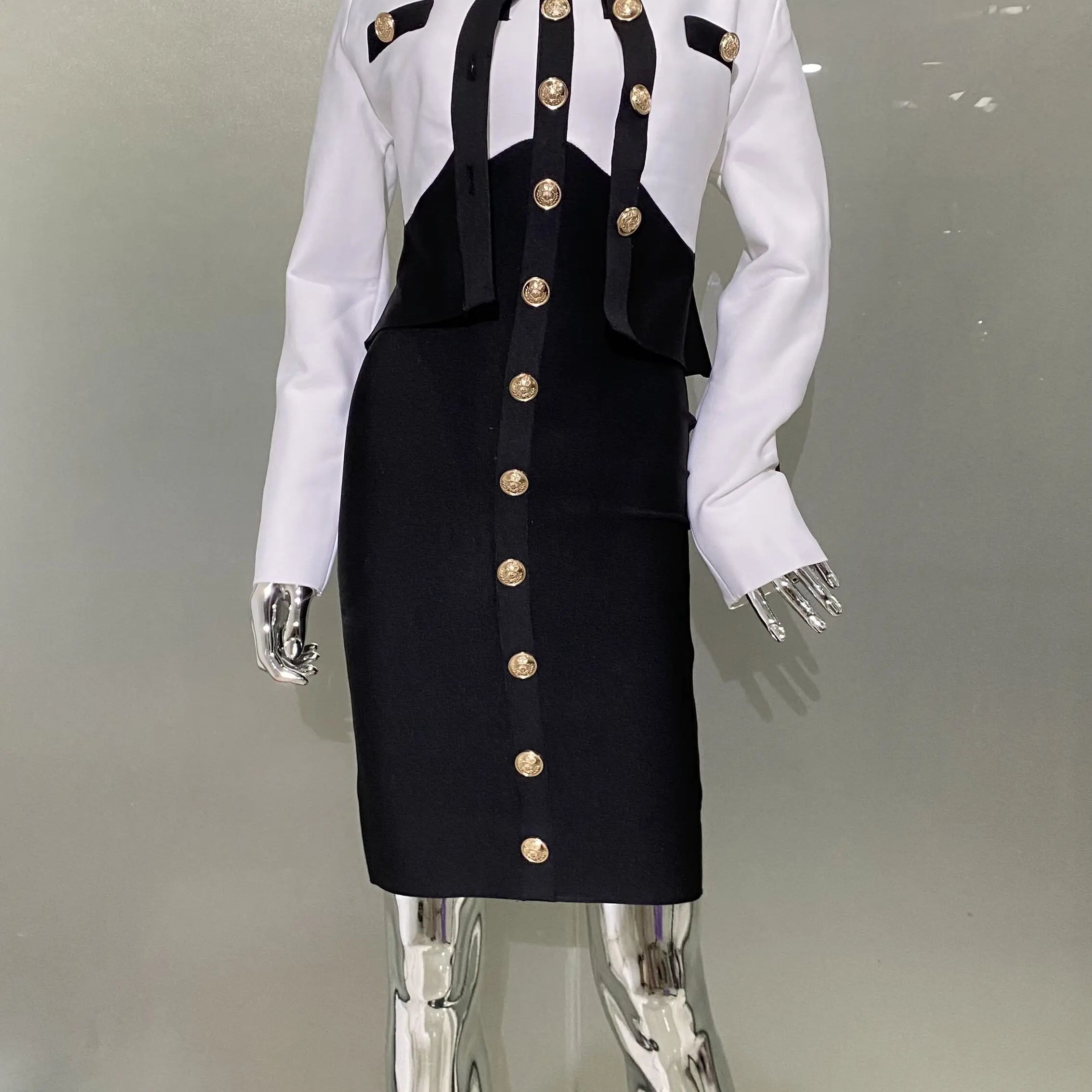New Arrivals Fashionable Women's Bandage Set Golden Buttons White Patchwork Black Coat And Sleeveless Bodycon MIini Dress