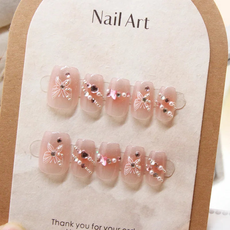 10Pcs Summer Fresh Fruit Pattern Design False Nails Detachable Lovely Short Square Ballet Glossy Full Cover Handmade Nails Art