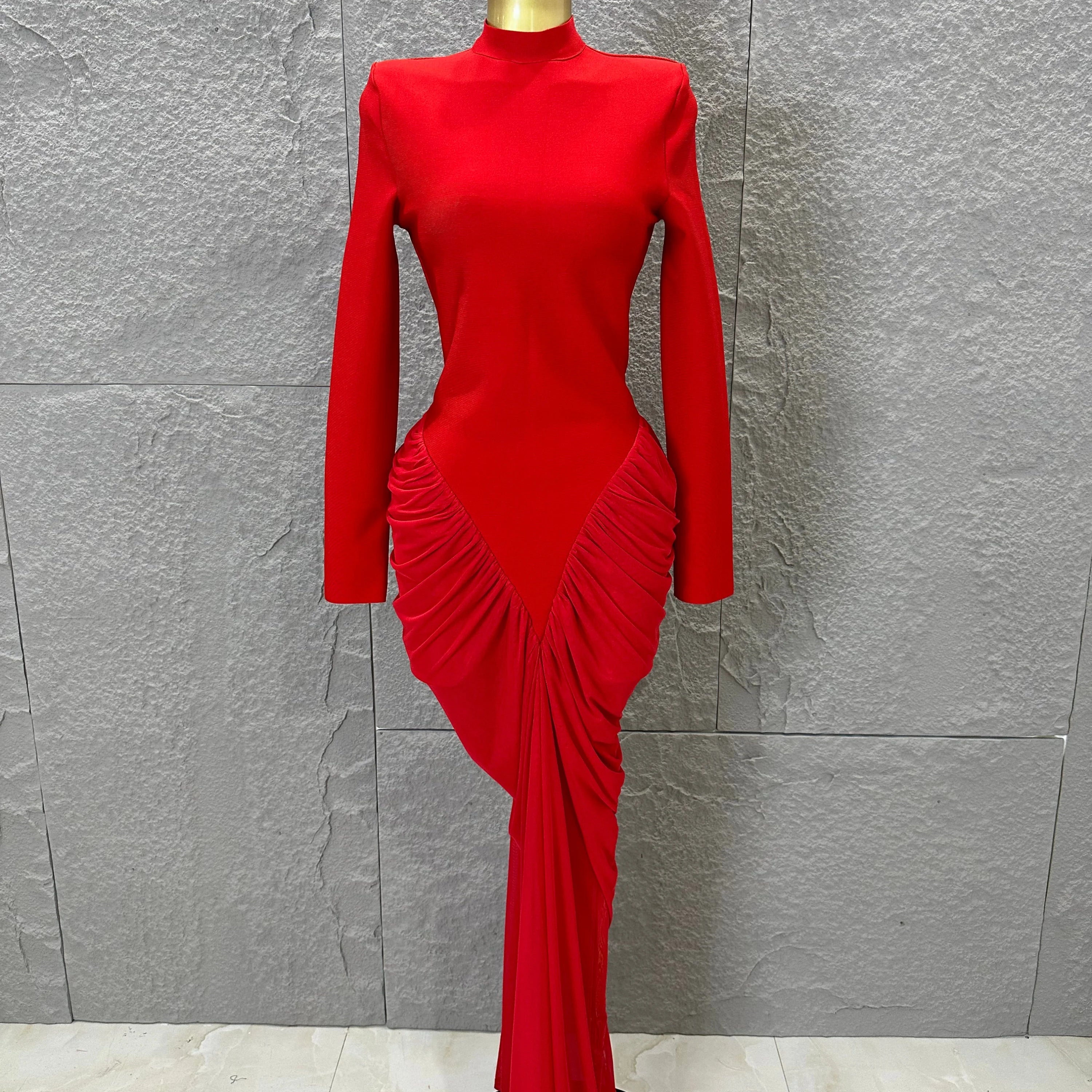 Glamorous Red Long Sleeve Maxi Dress Women High Neck Ruched Draped Bodycon Nightclub Outfit Cocktail Party Costume Red