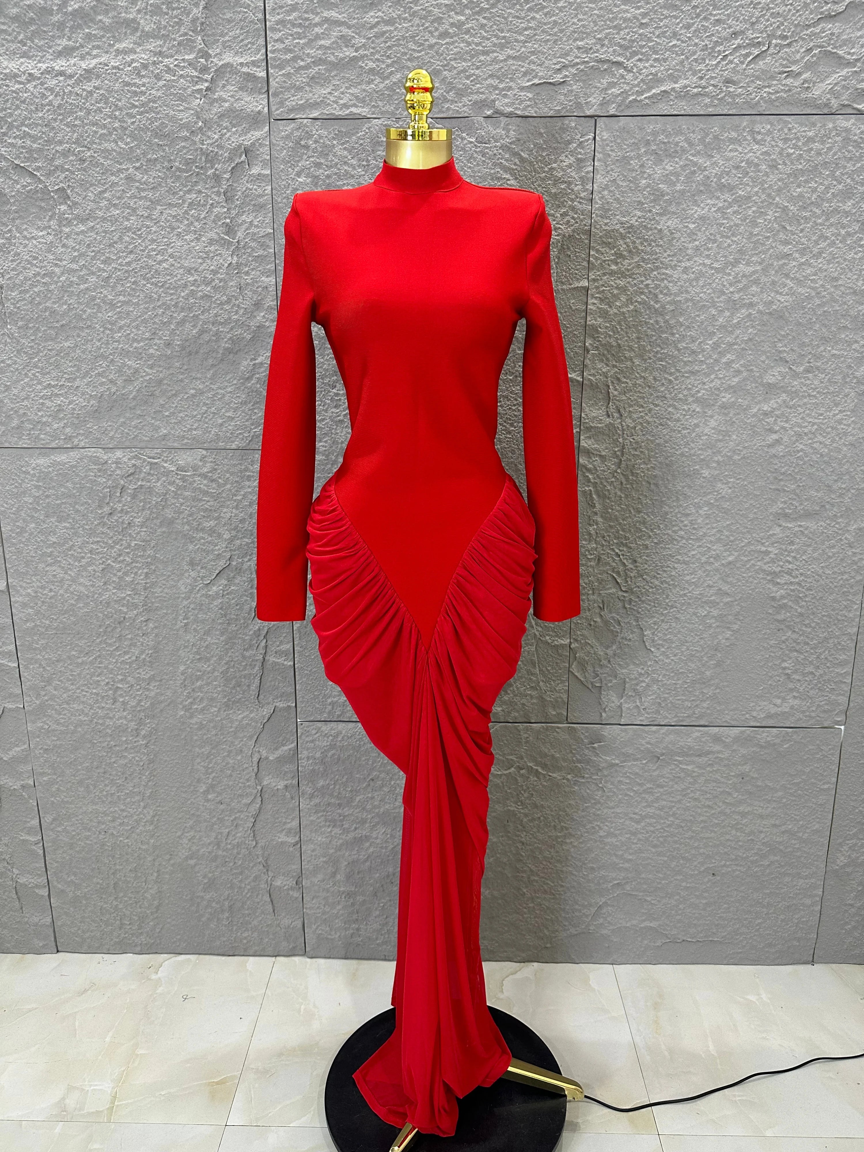 Glamorous Red Long Sleeve Maxi Dress Women High Neck Ruched Draped Bodycon Nightclub Outfit Cocktail Party Costume Red