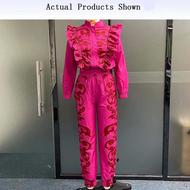 Women Two Piece Set 2024 Autumn Fashion Office Printed Long Lantern Sleeve Zipper Top Drawstring Lace Up Pants Sets