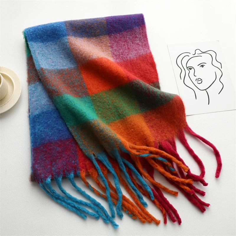 Thick Warm Scarf Women Winter Neck Shawls Tassel Pashmina Scarves Lady Cashmere Bandana Plaid Rainbow Hairy Foulard WJ137-25