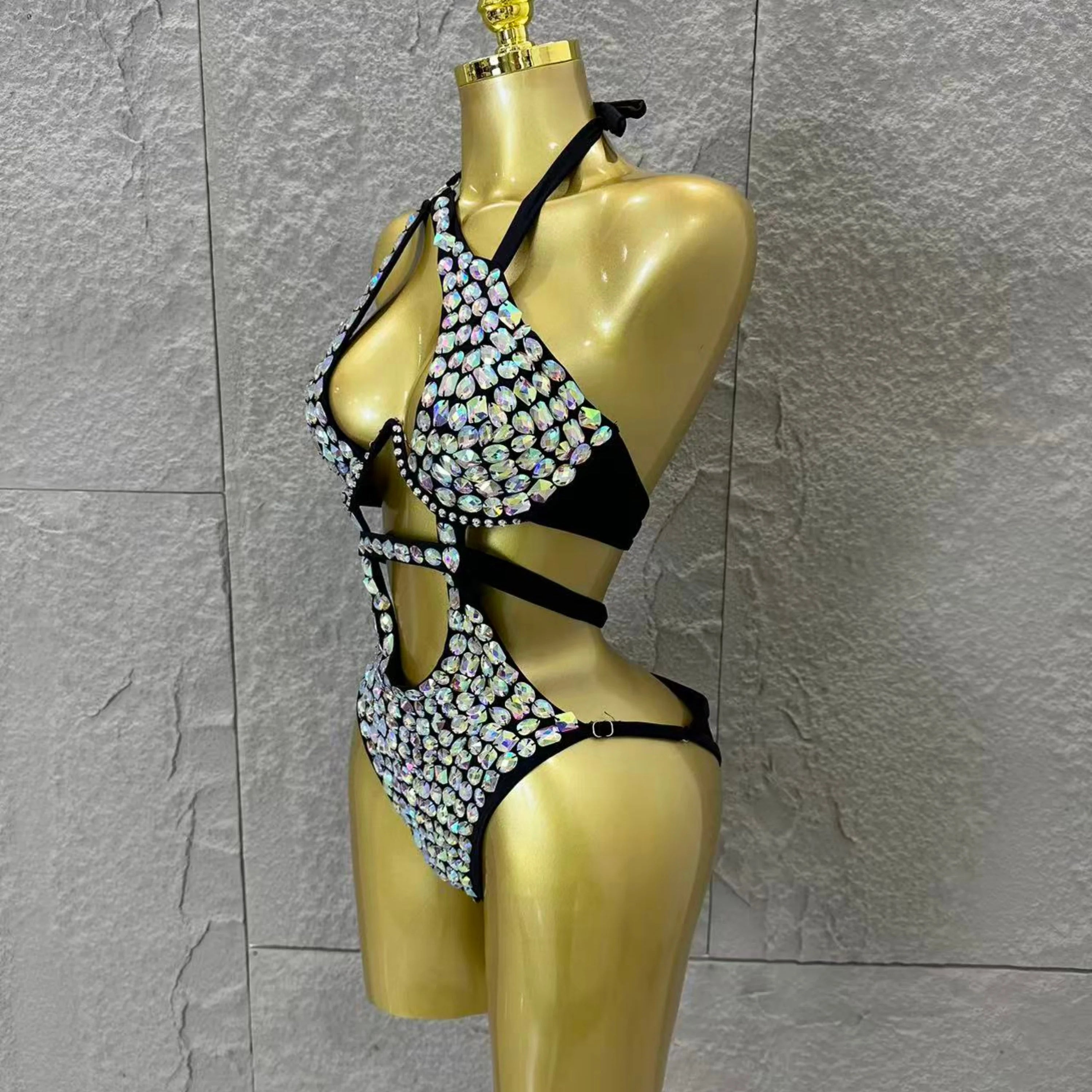 Women Sexy Halter Neck Iridescent Crystal Embellished Cutout Outfit Stage Performance Costume 2026 Luxurious Black Bodysuit