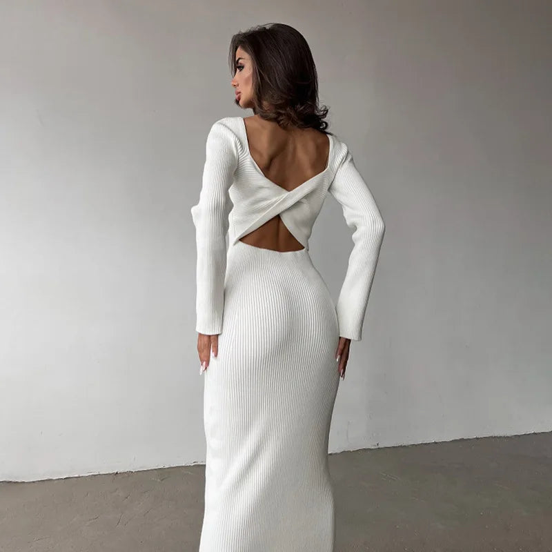 Autumn New Hot White Long-sleeved O-neck Chest-wrapped Hollow High Waist Slim Dress Crop Top Elegant Knee Skirt Rib Fabric Dress