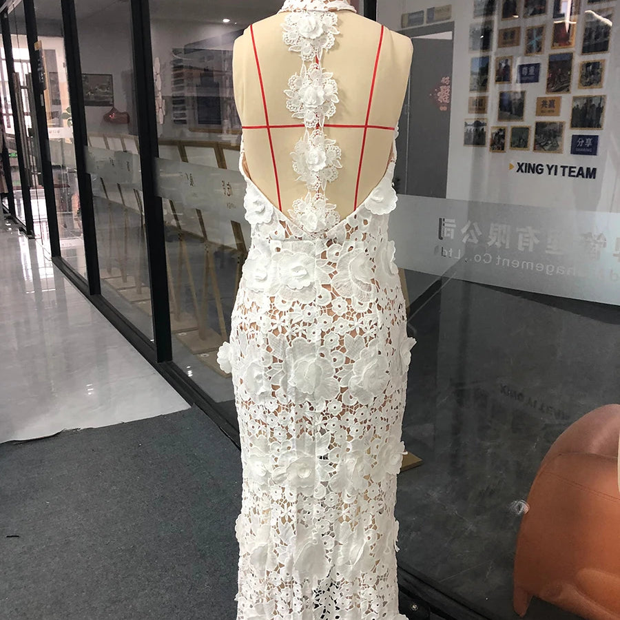 Solid Slimming Hollow Out Dresses for Women Halter Neck Sleeveless Patchwork Appliques Elegant Dress Female Fashion