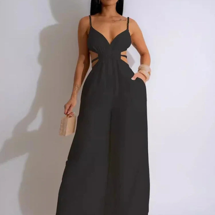 Women Sleeveless Strap V-neck Backless Wide Leg Long Jumpsuits 2025 Summer Beach Night Club Street Sexy Outfit Rompers