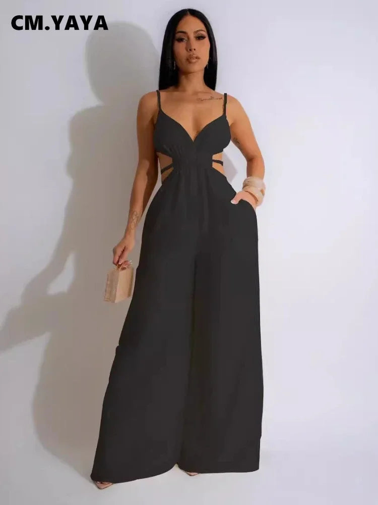 Women Sleeveless Strap V-neck Backless Wide Leg Long Jumpsuits 2025 Summer Beach Night Club Street Sexy Outfit Rompers