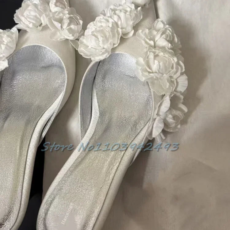 Multi Flower Wedding Sandals Satin Pointed Toe White Pull On High Heel Solid Slip On Blossom Shallow Outdoor Dress Party Mules