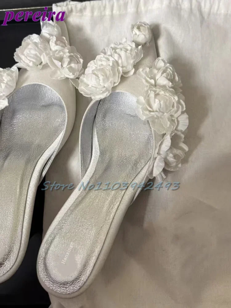 Multi Flower Wedding Sandals Satin Pointed Toe White Pull On High Heel Solid Slip On Blossom Shallow Outdoor Dress Party Mules