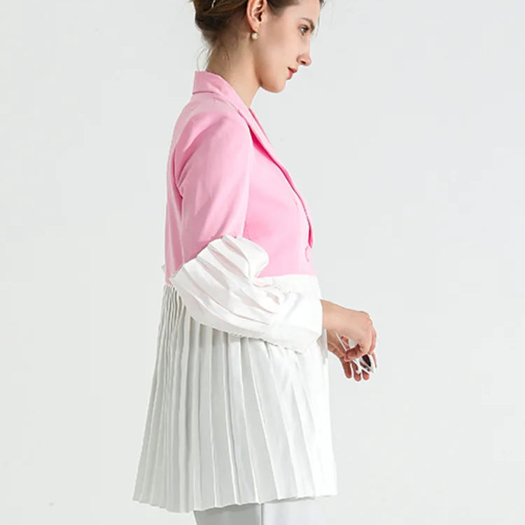 DEAT Fashion Women's Blazer Notched Collar Single Button Spliced Pleate Contrast Colors Suit Jackets Spring New Tide 7AB008