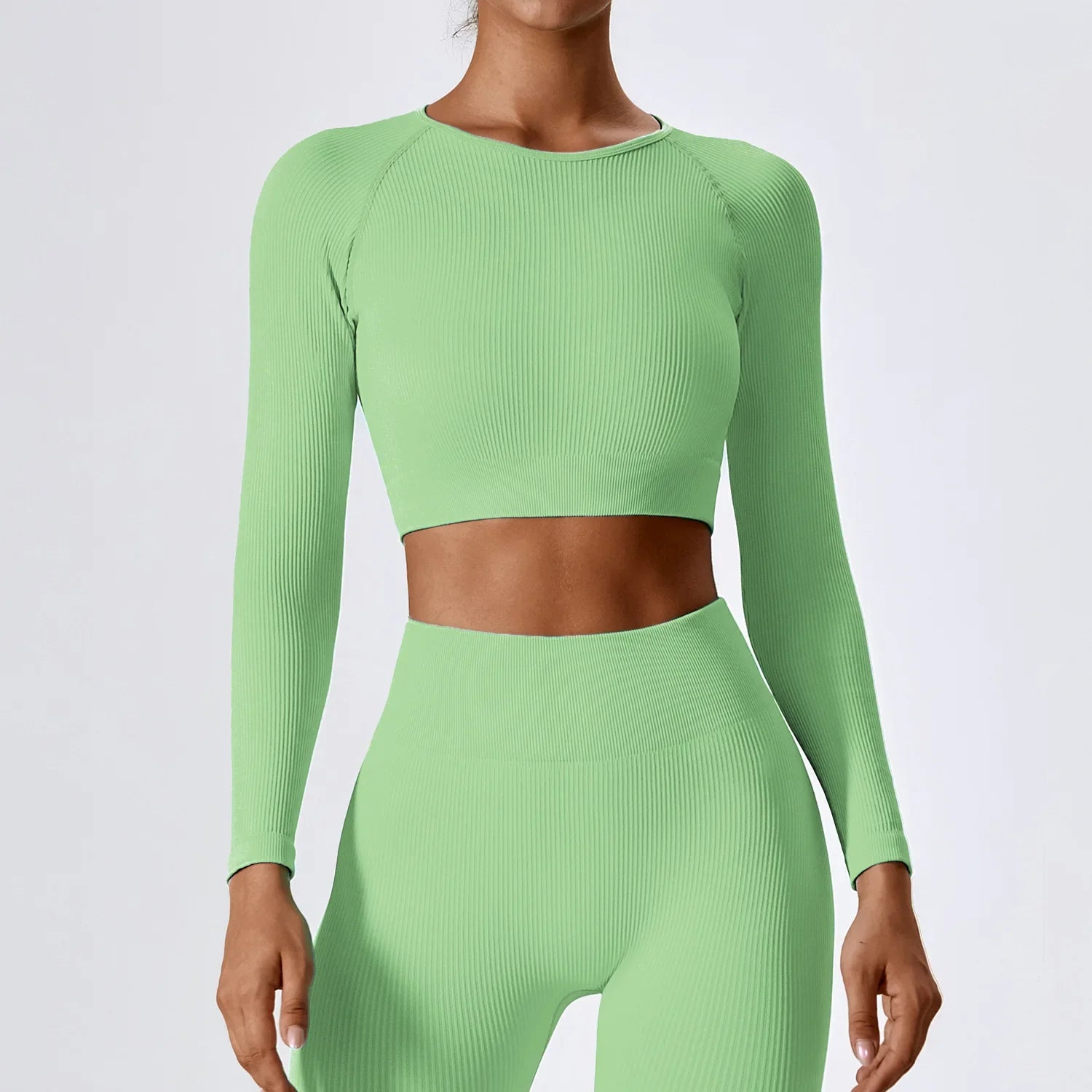 Women's Long Sleeve Top Ribbed Yoga Shirts Running T-Shirt Workout Running Fitness Gym Sports Top Training Crop Top Solidcolor Avocado green