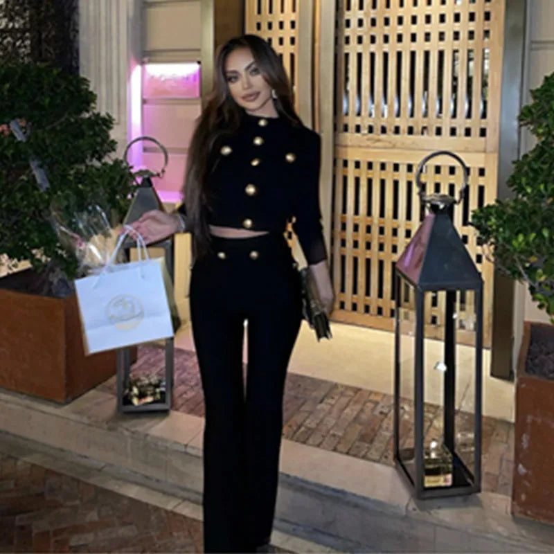 New Autumn Style Black Color Women Long Sleeve Button Rayon Bandage Coat Pants Fashion Women's Set High Street Celebrate Wear black