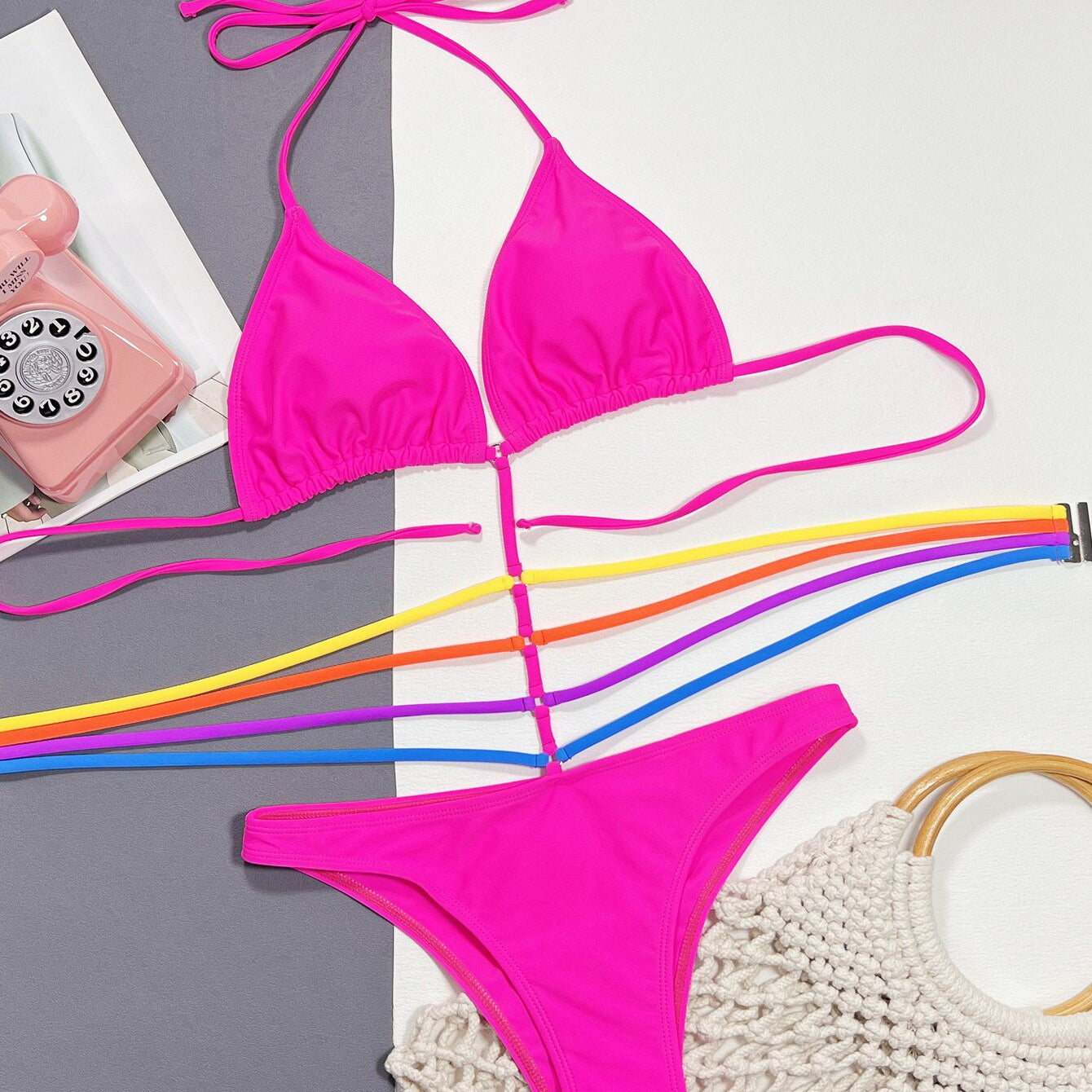 Sexy One Piece Swimsuit Swimwear - Halter Hollow Colorful Striped Straps Bikini Bathing Suit Beachwear Banadores Mujer