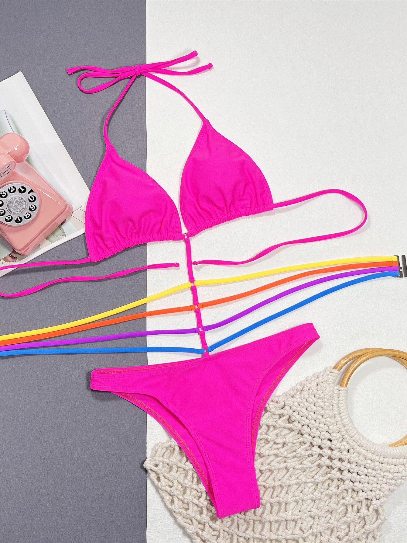 Sexy One Piece Swimsuit Swimwear - Halter Hollow Colorful Striped Straps Bikini Bathing Suit Beachwear Banadores Mujer