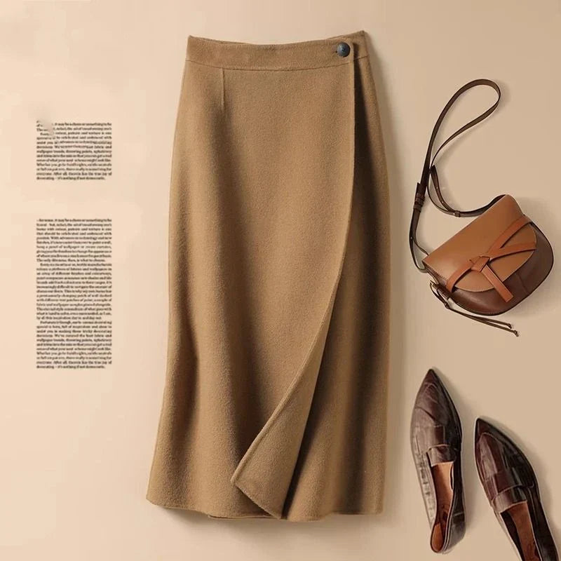 Korean Fashion Autumn Winter New Women's Solid Button Patchwor High Waist Elegant Chic Mid-length A-line Knitted Bag Hip Skirt camel