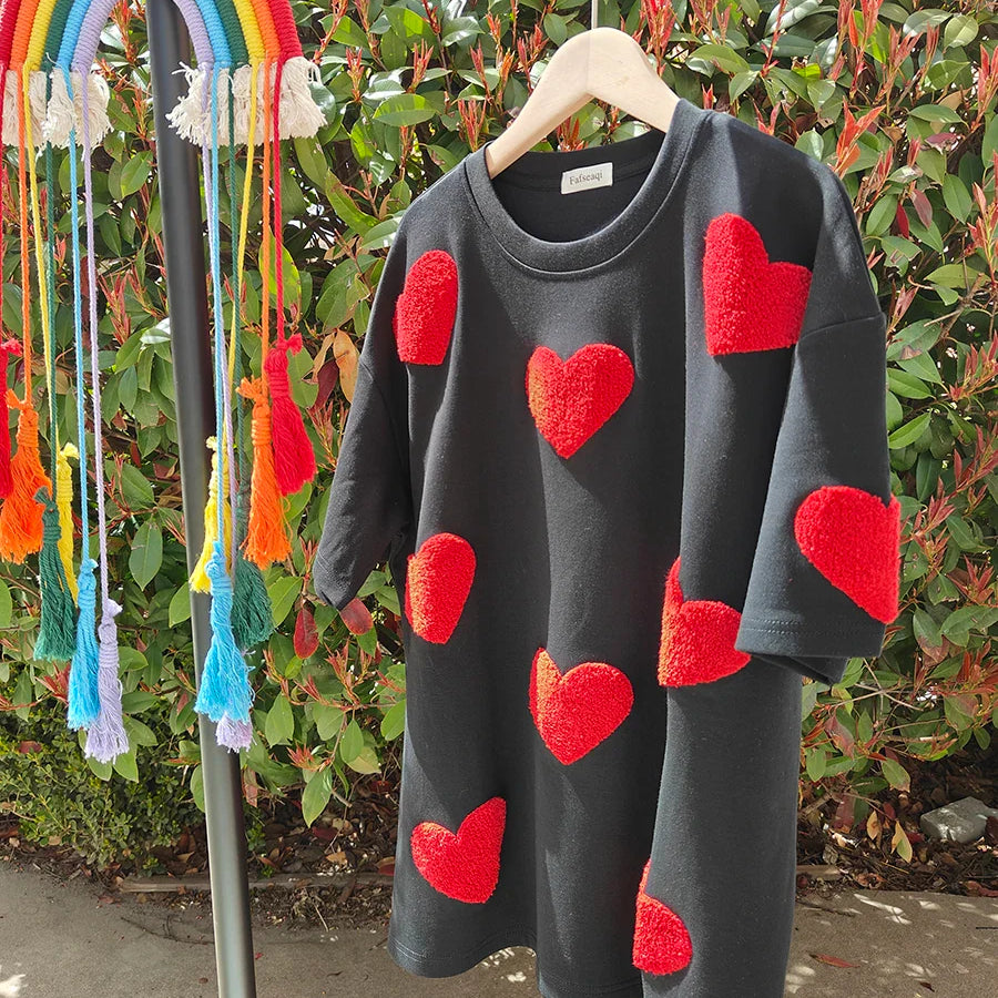 White 100% Cotton T-shirt for Women Summer Loose Oversized T-shirt with Heart Embroidery O-neck Pullovers Short Sleeve Tops black