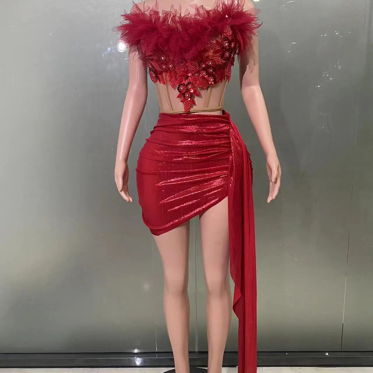 Christmas Style Women Sexy 2 Pieces Beading Draped Bodycon Mini Dress Nightclub Party Celebrate Bar Singer Performance Costume