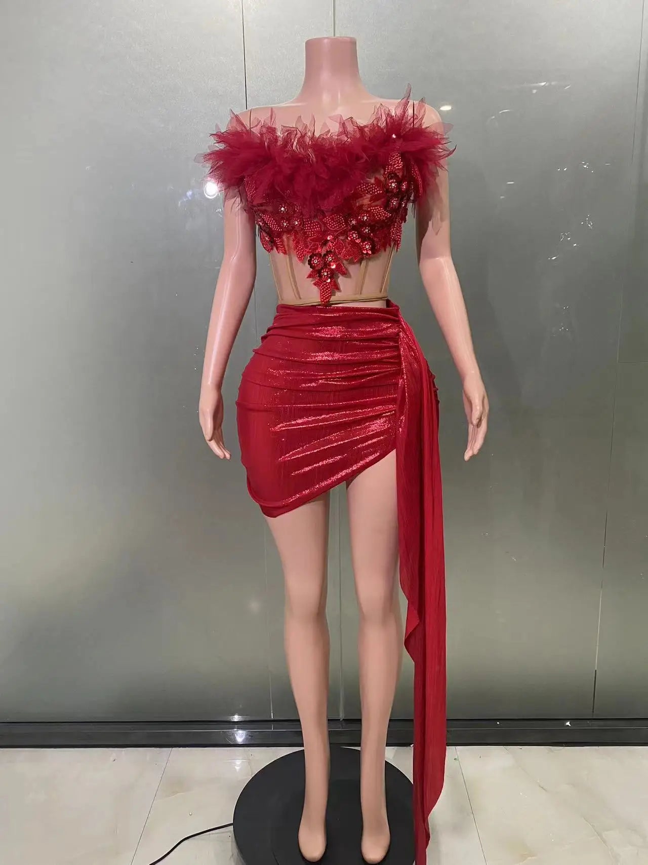 Christmas Style Women Sexy 2 Pieces Beading Draped Bodycon Mini Dress Nightclub Party Celebrate Bar Singer Performance Costume