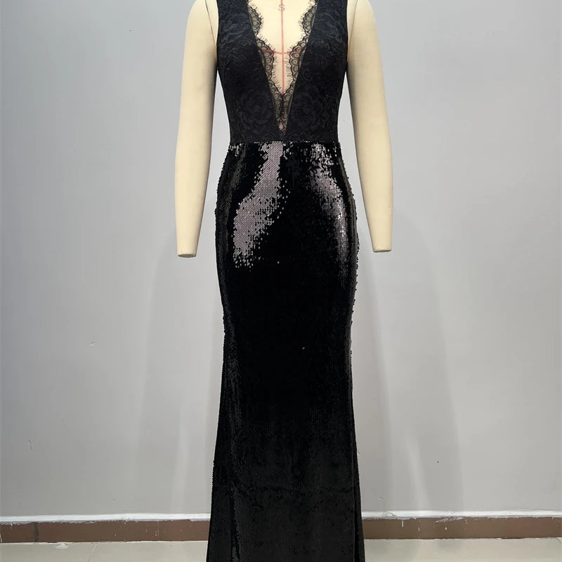 2025 Black Lace Patchwork Sequins Sexy V-Neck Mermaid Floor Length Dress Fashion Woman Party Dress Celebrity banquet Outfit