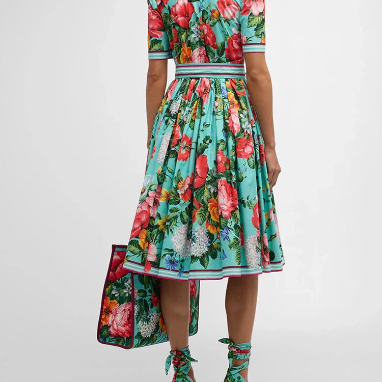 VGH Patchwork Lace Up Floral Printing Casual Dresses For Women Lape Short Sleeve High Waist Spliced Button Dress Female Fashion