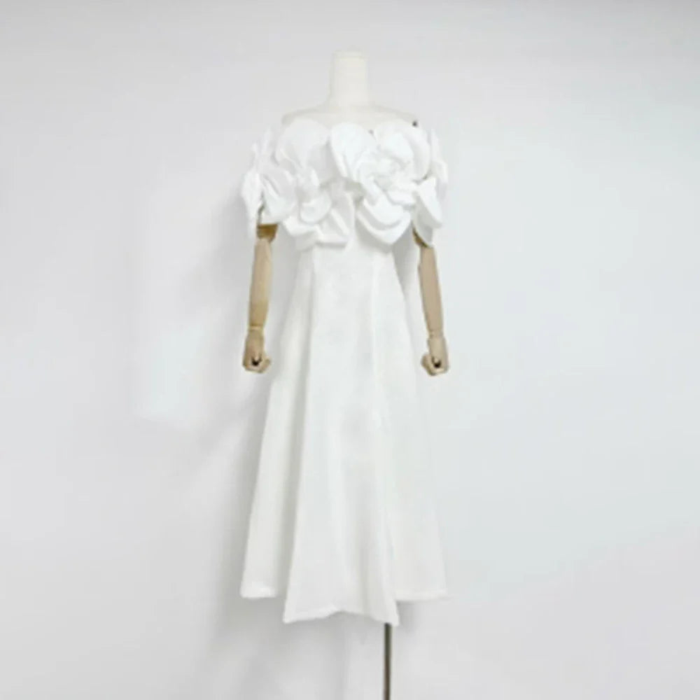 Solid Slimming Elegant Dresses for Women Strapless Off Shoulder Patchwork 3D Flowers Fashion Dress Female Clothing WHITE