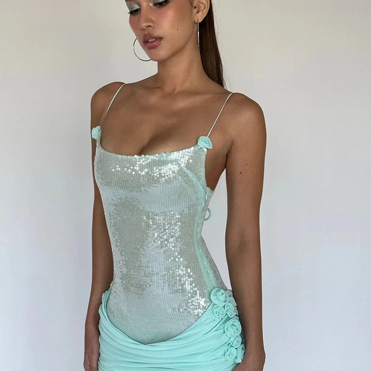 Sparkling Sequin Embellished Strappy Mini Dress for a Glitzy Party Night Gown