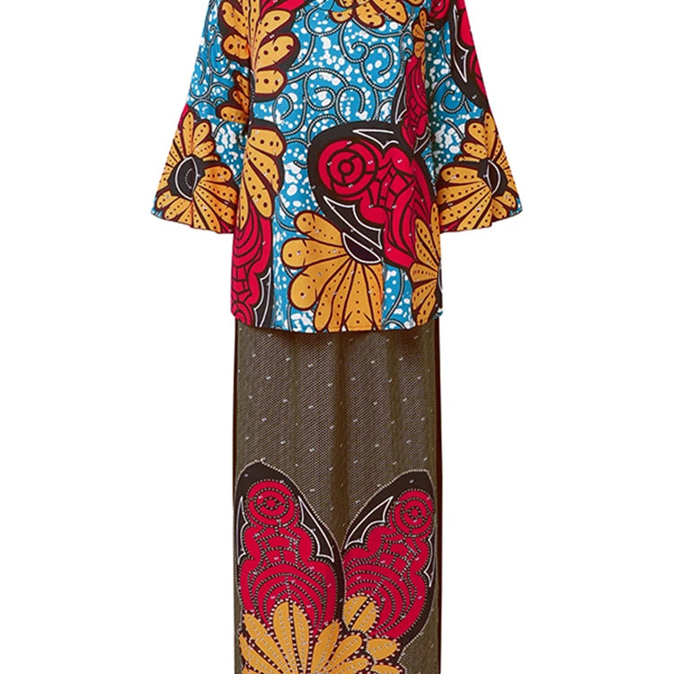 Plus Size VONDA Women Sets 2025 Fashion Suit 3/4 Flare Sleeve Floral Printed Tops And Elastic Waist Maxi Skirts 2Pcs Sets Khaki