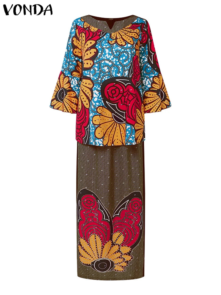 Plus Size VONDA Women Sets 2025 Fashion Suit 3/4 Flare Sleeve Floral Printed Tops And Elastic Waist Maxi Skirts 2Pcs Sets Khaki