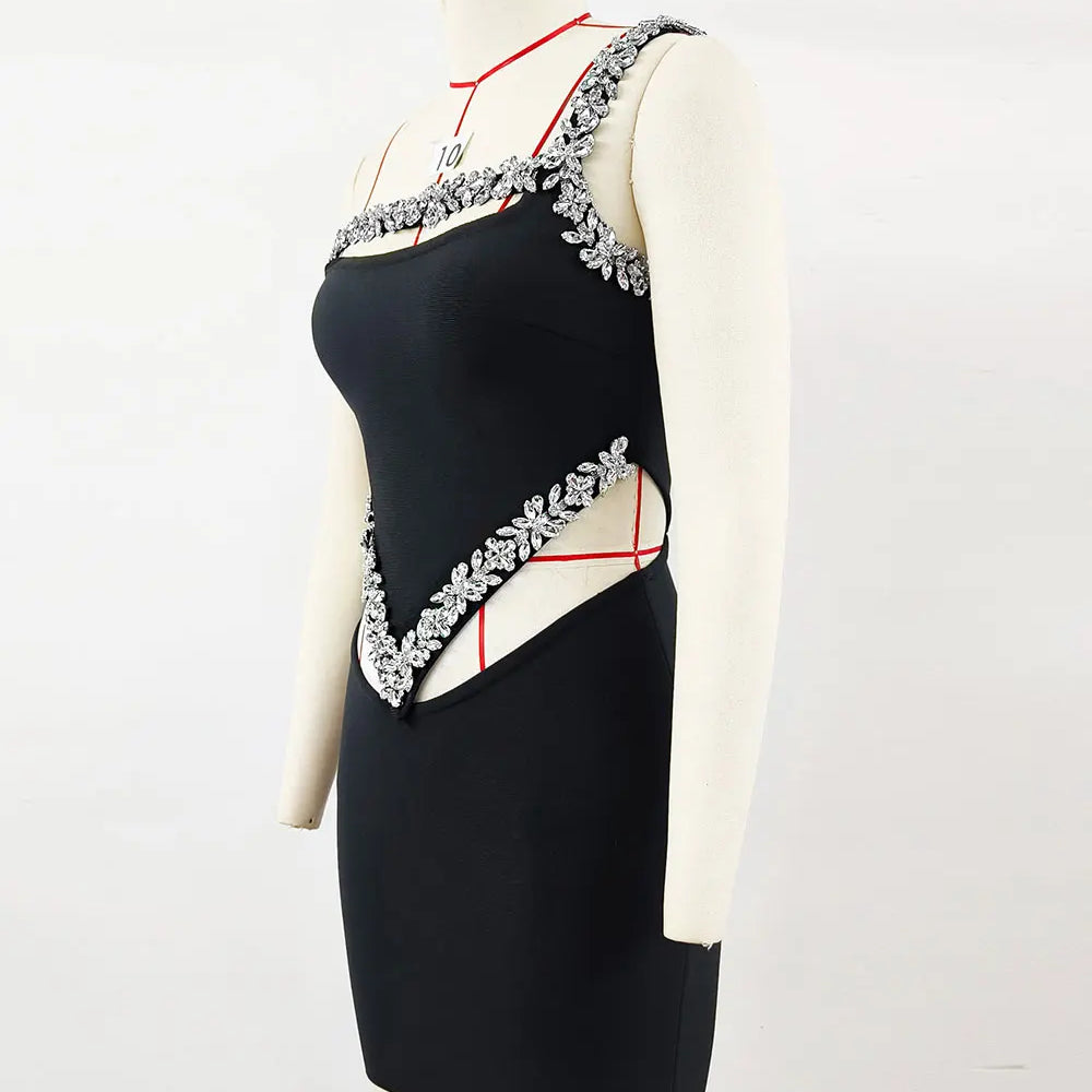 2024 Sexy Women'S Heavy-Duty Nail Bead Rhinestone Bandage Dress, One Shoulder Sleeveless Bodycon Hollow Out Backless Mini Dress