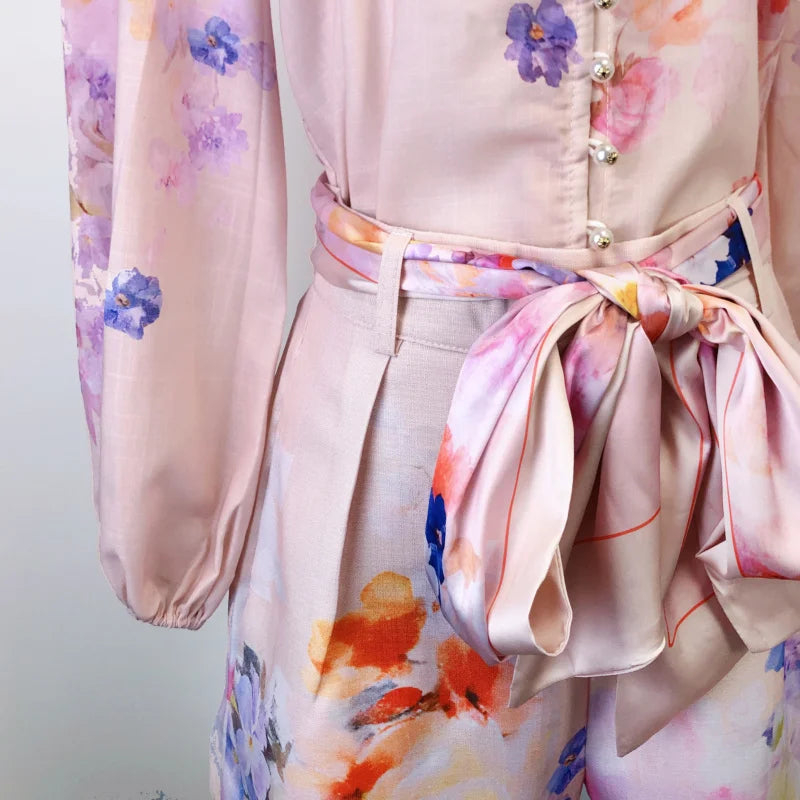 Real Shot Spot 2025 Spring and Summer Stand Collar Long Sleeve Shirt Top Wide Leg Skirt Pocket with Silk Scarf Belt Two-Piece Se