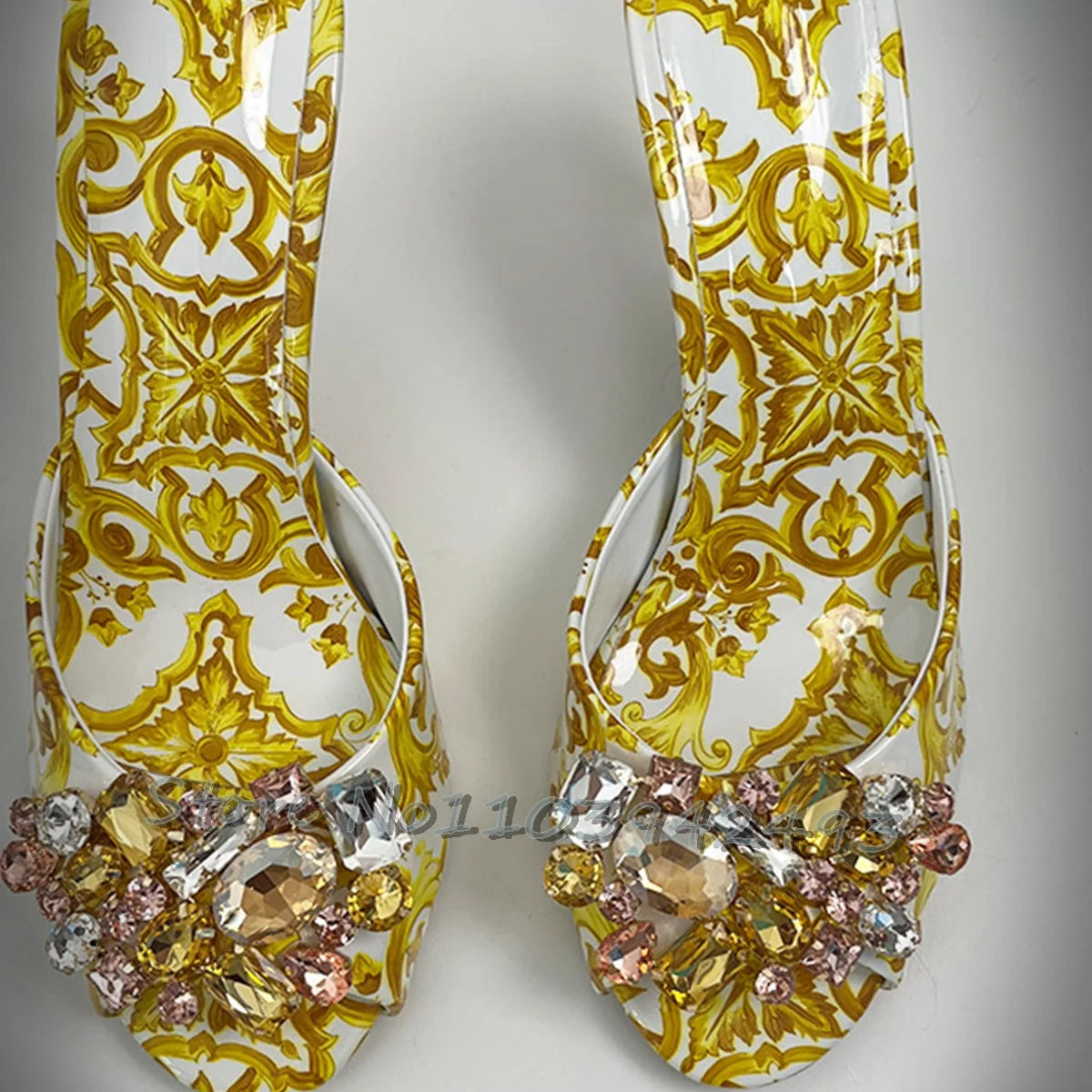 Elegant Summer Women's High Heel Baroque Print Jeweled Slides Sandals Baroque Fashion Crystal Embellished Open Back Shoes 2025 golden 8cm
