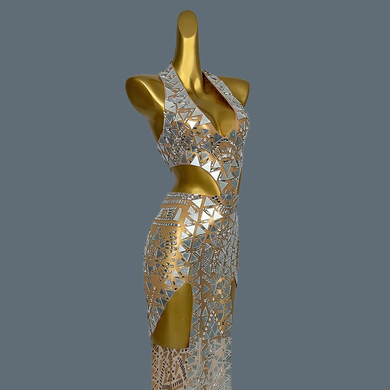 Flashing Mirror Silver Asymmetrical Long Dress Prom Celebrity Evening Party Birthday Gown Female Singer Stage Show Wear Baiwei