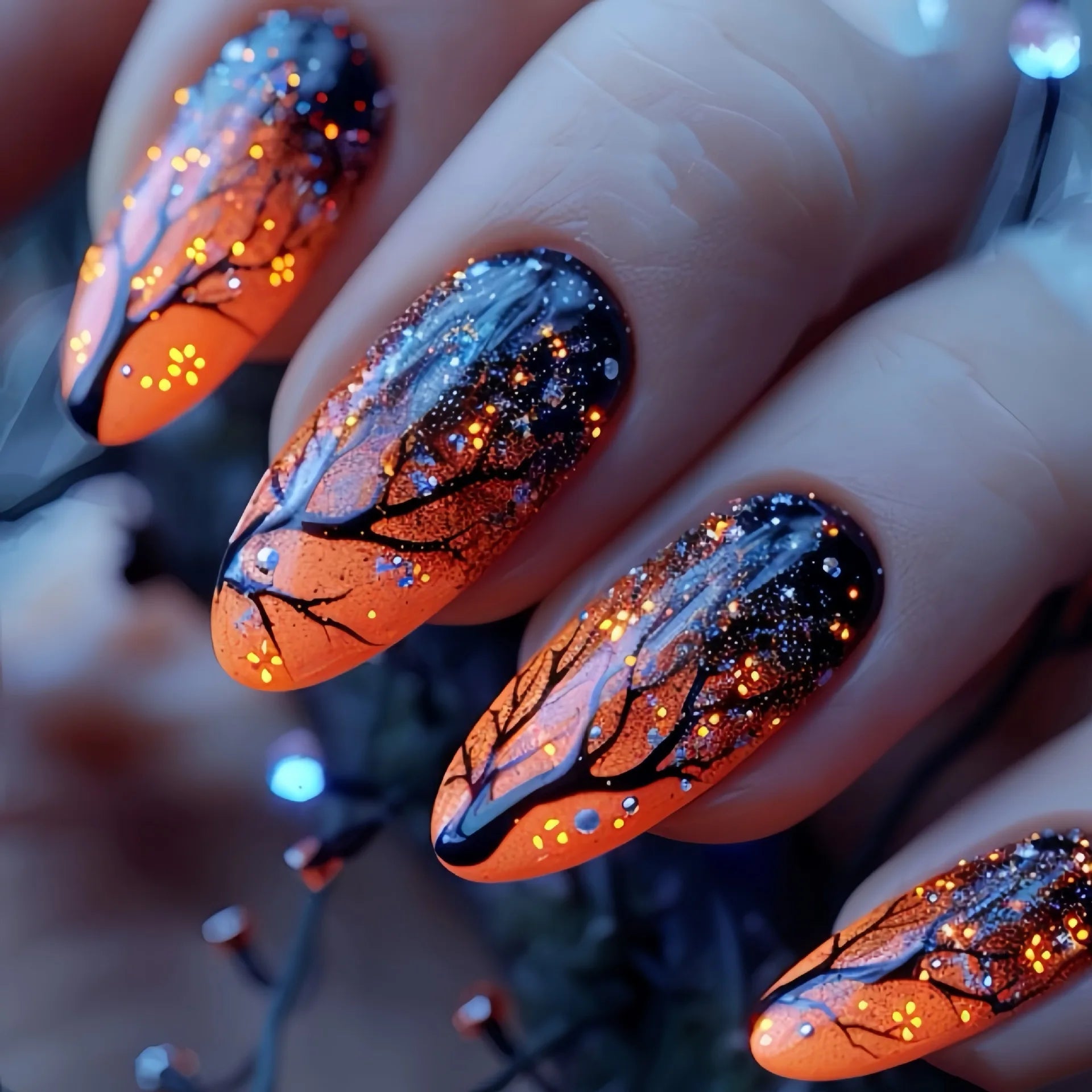 Short middle square ballet fake nails sparkling plant flowers maple leaves gradient Peacock feathers press on false nails set 1675