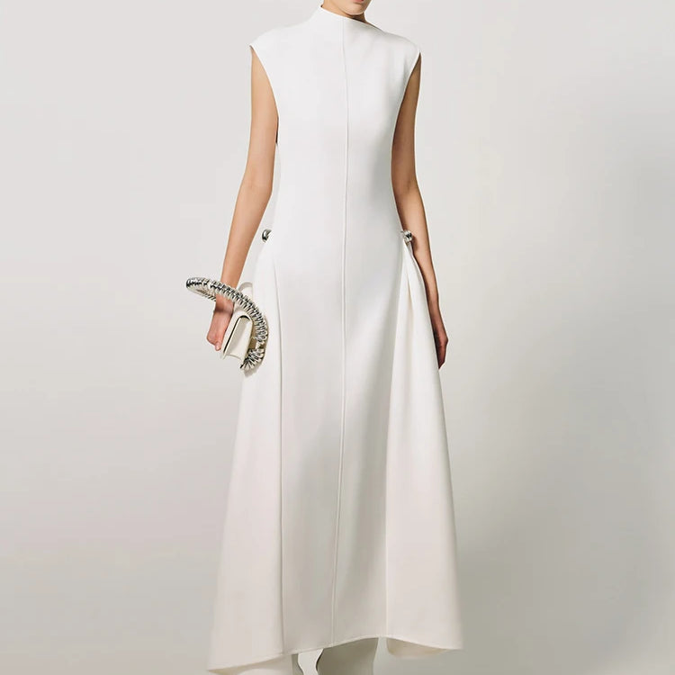 Casual Dress For Women Asymmetrical Collar Sleeveless High Waist Metal Button Pin Embellished Elegant Cocktail Party Wear WHITE