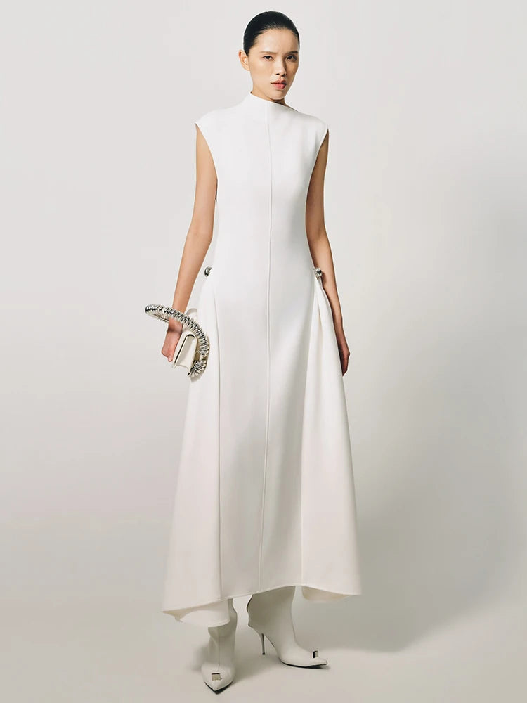 Casual Dress For Women Asymmetrical Collar Sleeveless High Waist Metal Button Pin Embellished Elegant Cocktail Party Wear WHITE