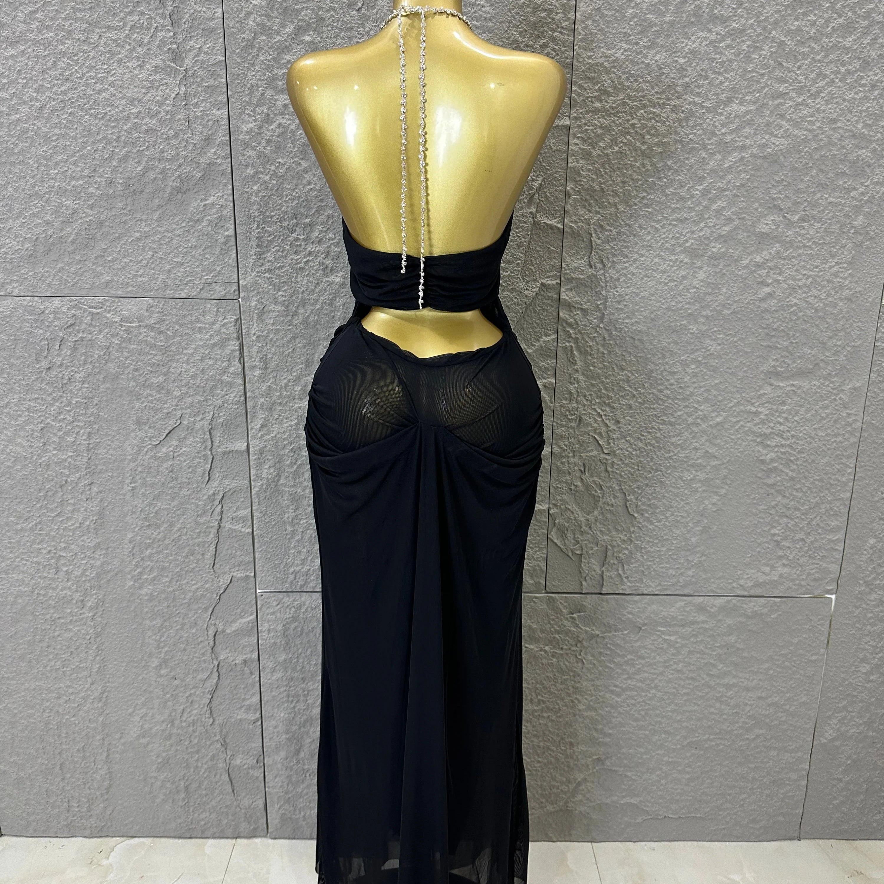 Sexy Halter Neck Maxi Dress Crystal Chain Cutout Ruched Women Sheer Mesh Form Outfit Glamorous Evening Gala Party Costume