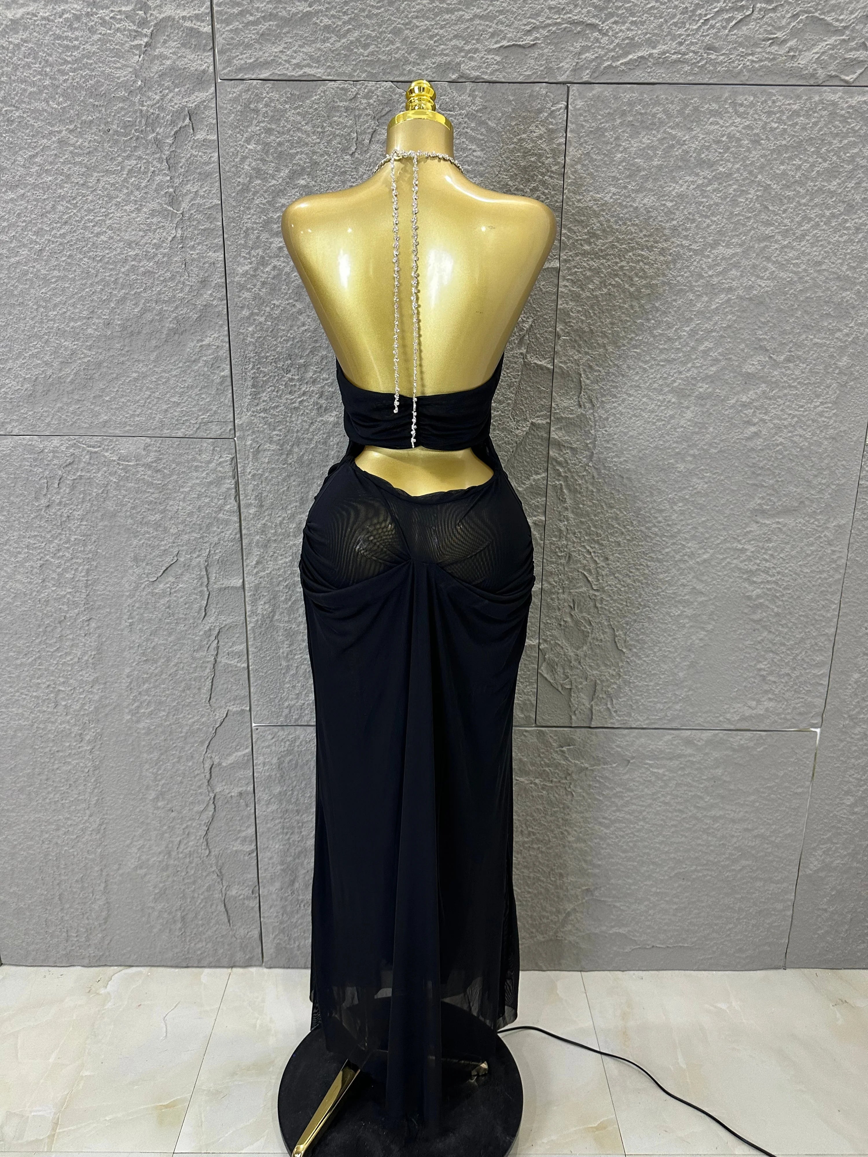 Sexy Halter Neck Maxi Dress Crystal Chain Cutout Ruched Women Sheer Mesh Form Outfit Glamorous Evening Gala Party Costume