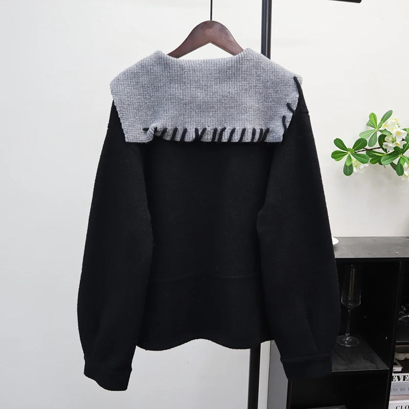 Autumn Winter New Loose Contrast Color Design Knitted Double-Sided Cardigan For Women Sweater Jacket Female 11A07624