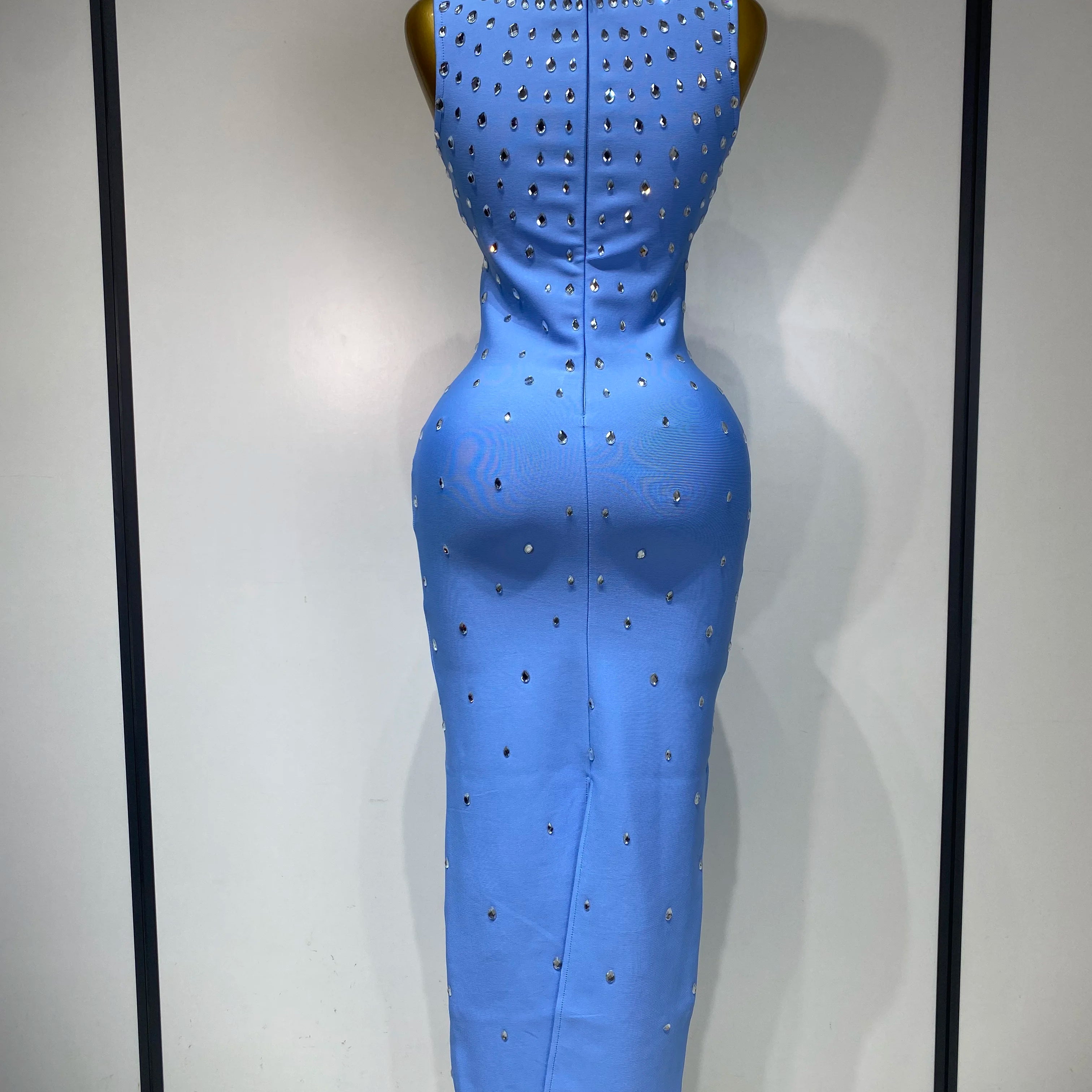 Women Sparkly Rhinestone Bandage Long Dress Elastic Sleeveless Bodycon High Street Evening Club Party Elegant Birthday Gowns